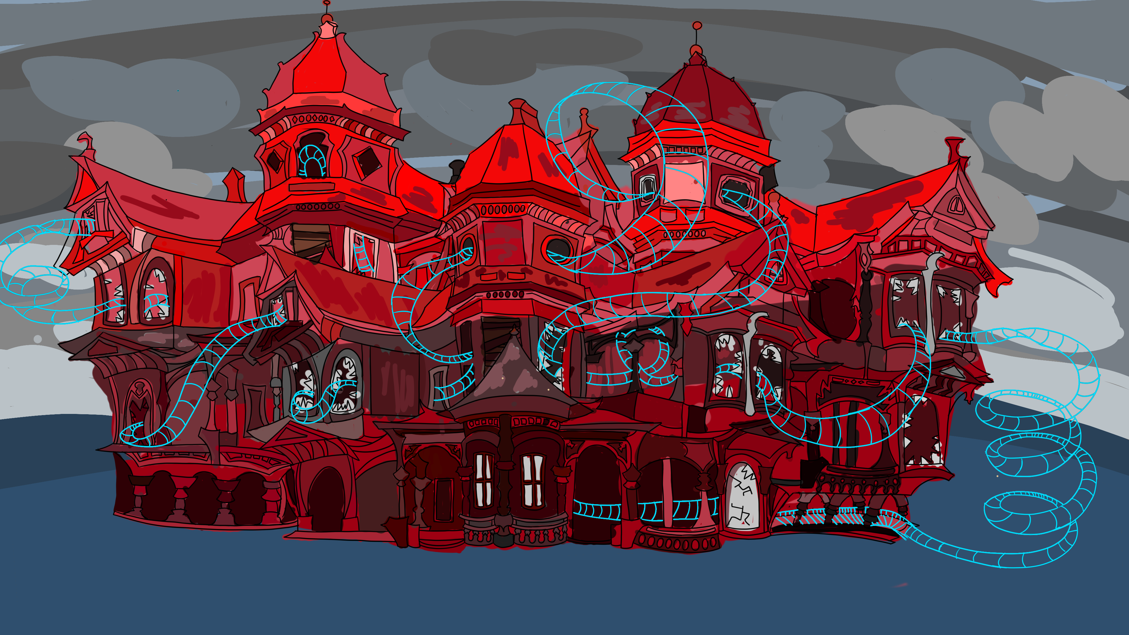 Creepy roller coaster through a Haunted mansion